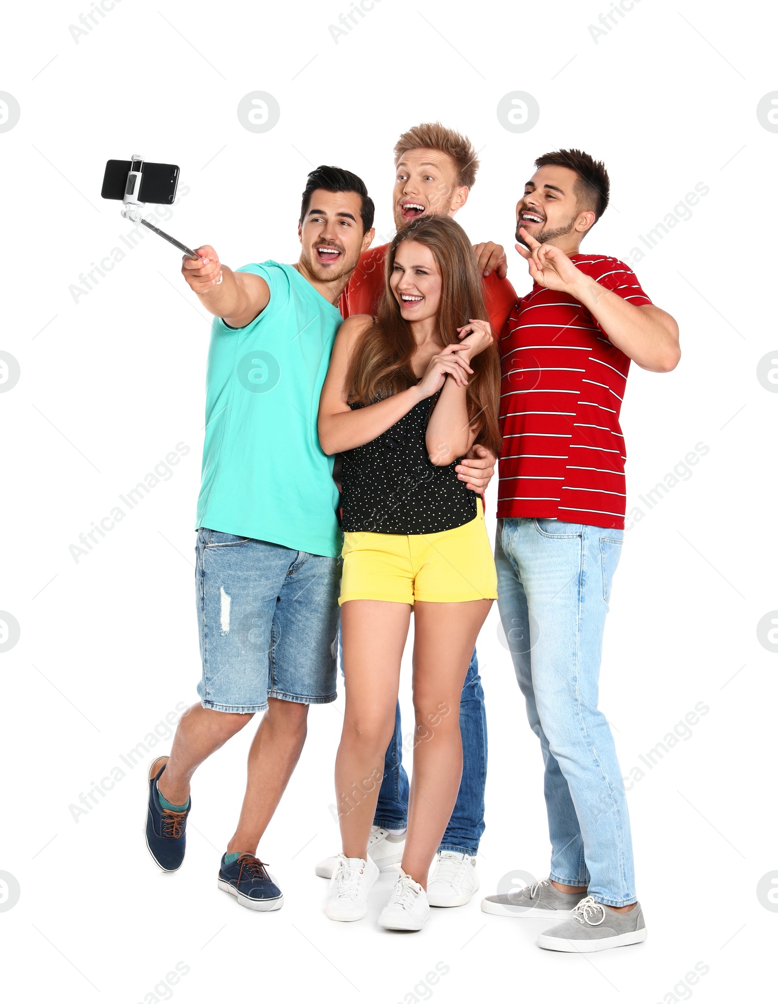 Photo of Happy young people taking selfie on white background