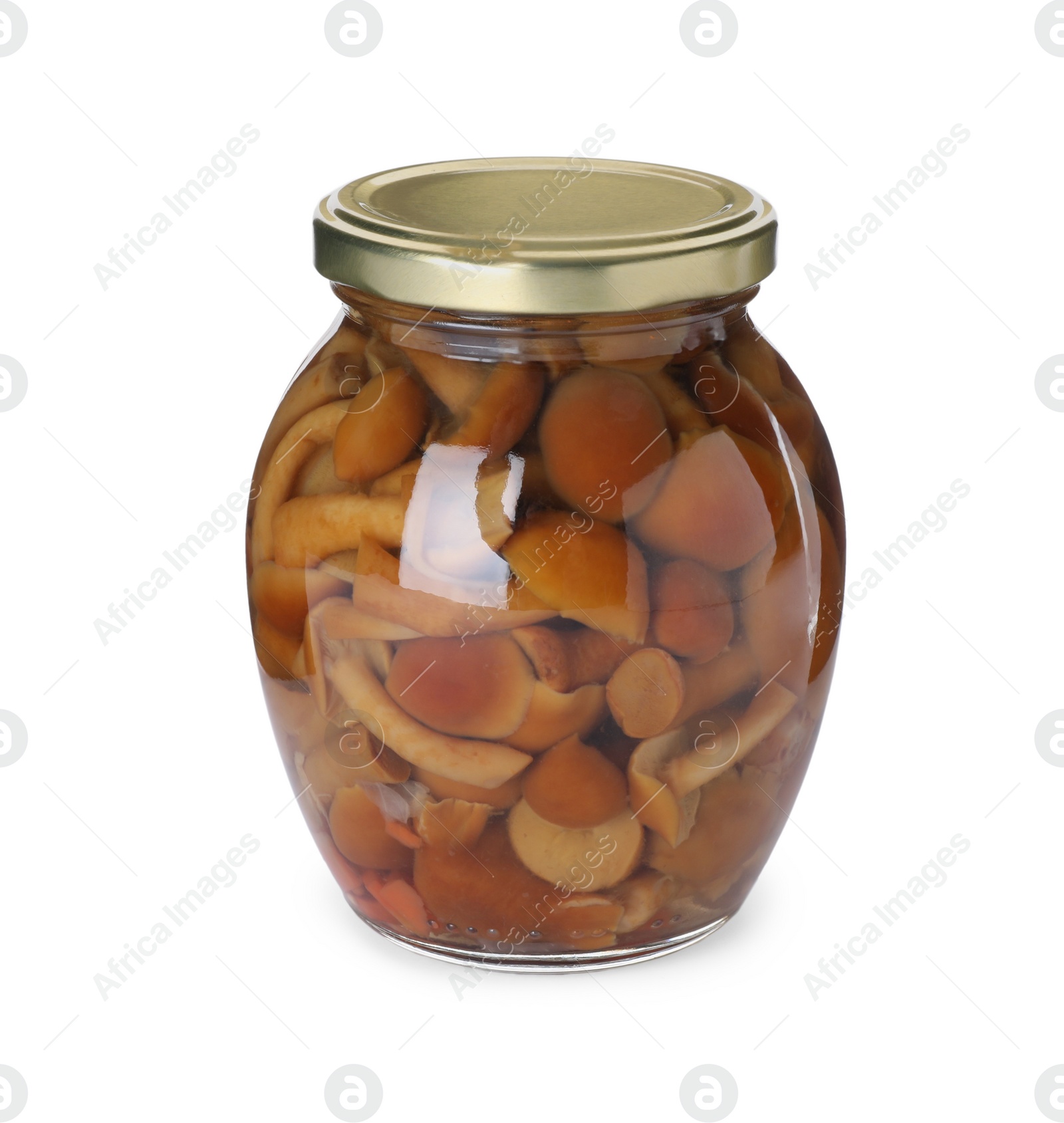 Photo of Jar with marinated mushrooms isolated on white