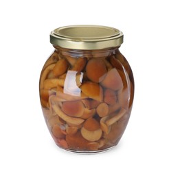 Photo of Jar with marinated mushrooms isolated on white