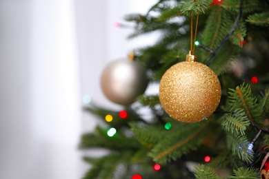 Photo of Beautiful Christmas tree with stylish decor, closeup