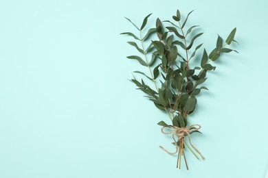 Eucalyptus branches with fresh green leaves on turquoise background, top view. Space for text