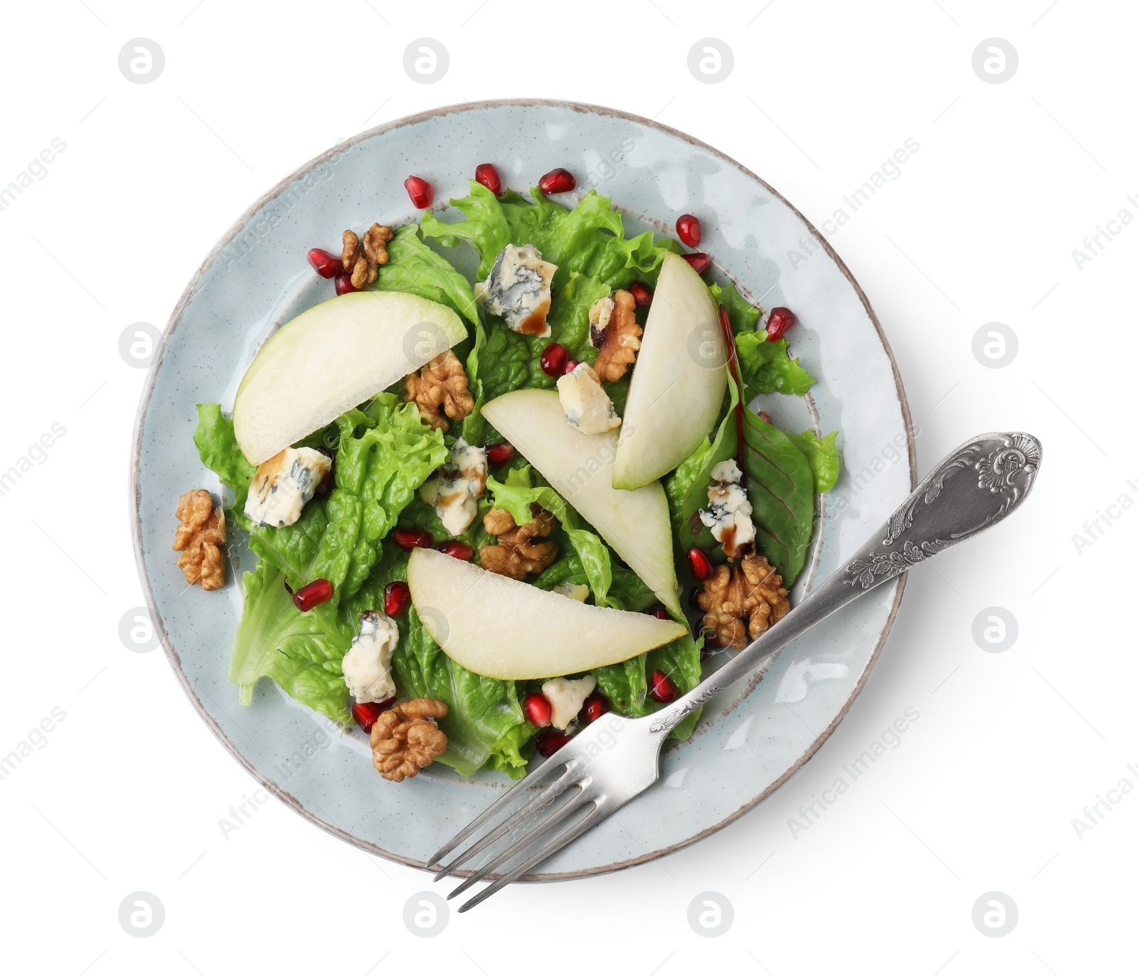 Photo of Delicious pear salad isolated on white, top view