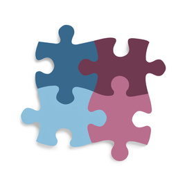  Color jigsaw puzzle pieces on white background, top view