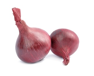 Photo of Ripe red onions on white background