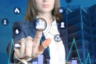 Image of Multiple exposure of female engineer, scheme and unfinished building, closeup 