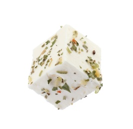 Photo of Piece of delicious feta cheese with seasoning on white background