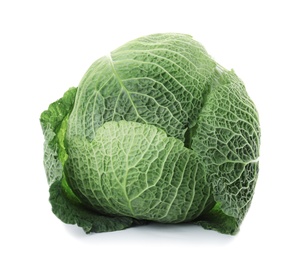 Photo of Fresh green savoy cabbage on white background