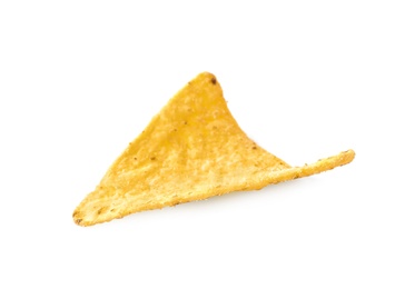 Photo of Tasty Mexican nacho chip on white background