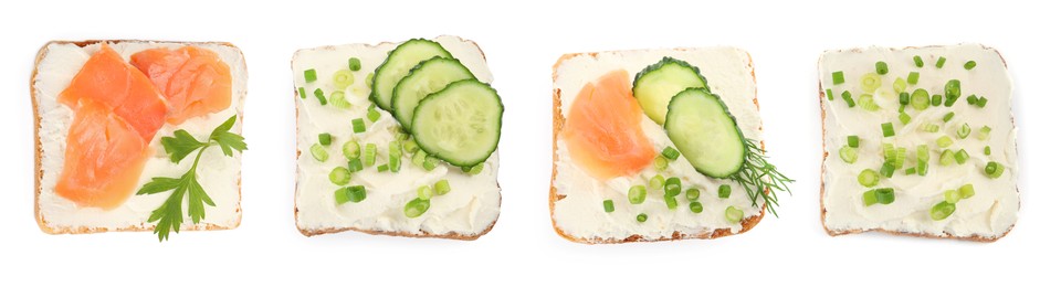 Top view of bread with cream cheese, salmon and cucumber on white background, collage. Banner design