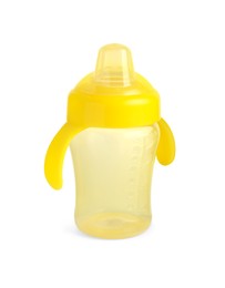 Empty yellow feeding bottle for baby milk isolated on white