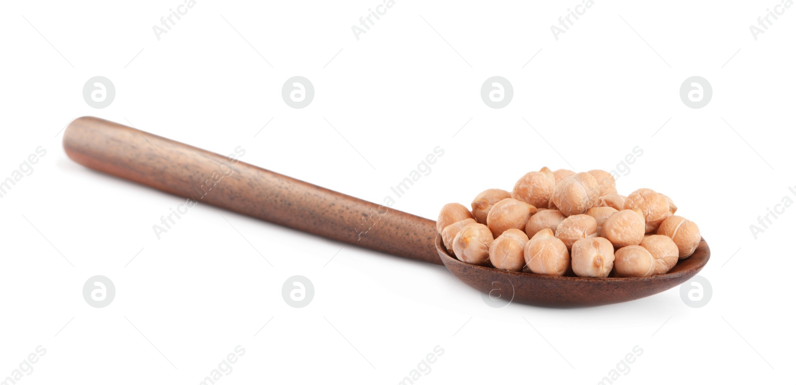 Photo of Raw chickpeas in spoon on white background