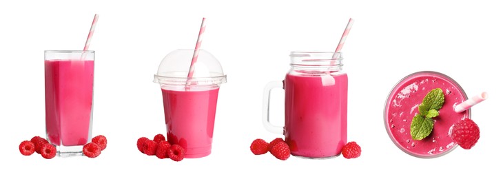 Set with different tasty smoothies on white background