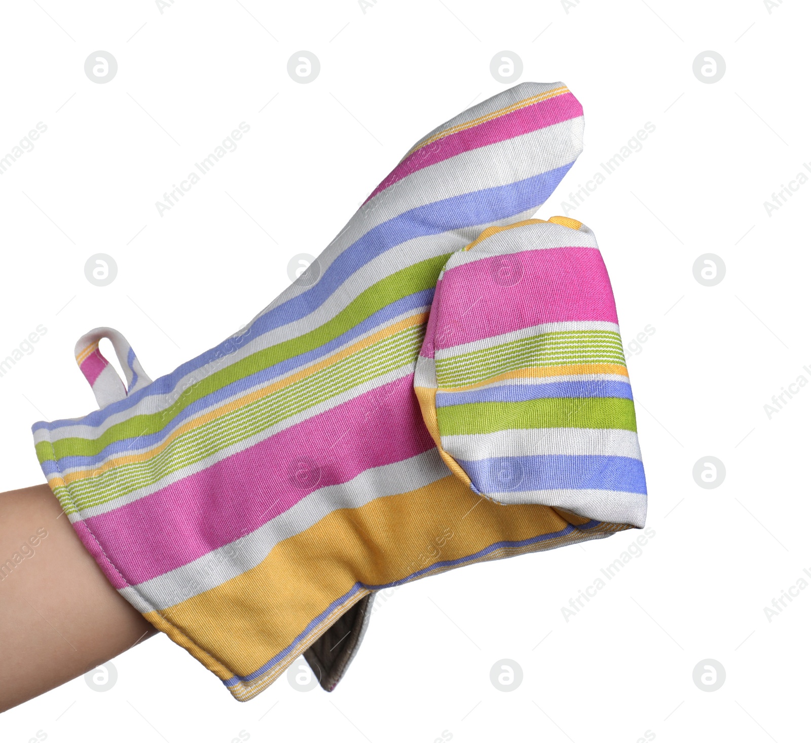 Photo of Chef in oven glove on white background, closeup