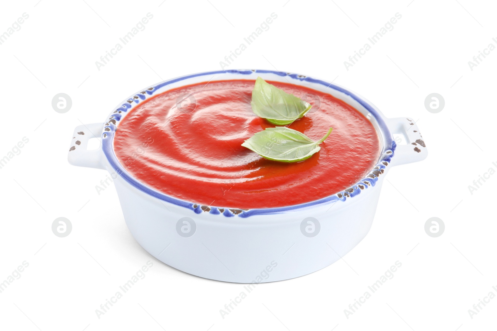 Photo of Dish with fresh homemade tomato soup on white background