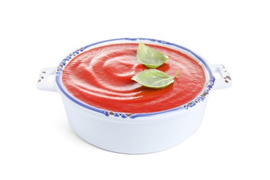 Photo of Dish with fresh homemade tomato soup on white background