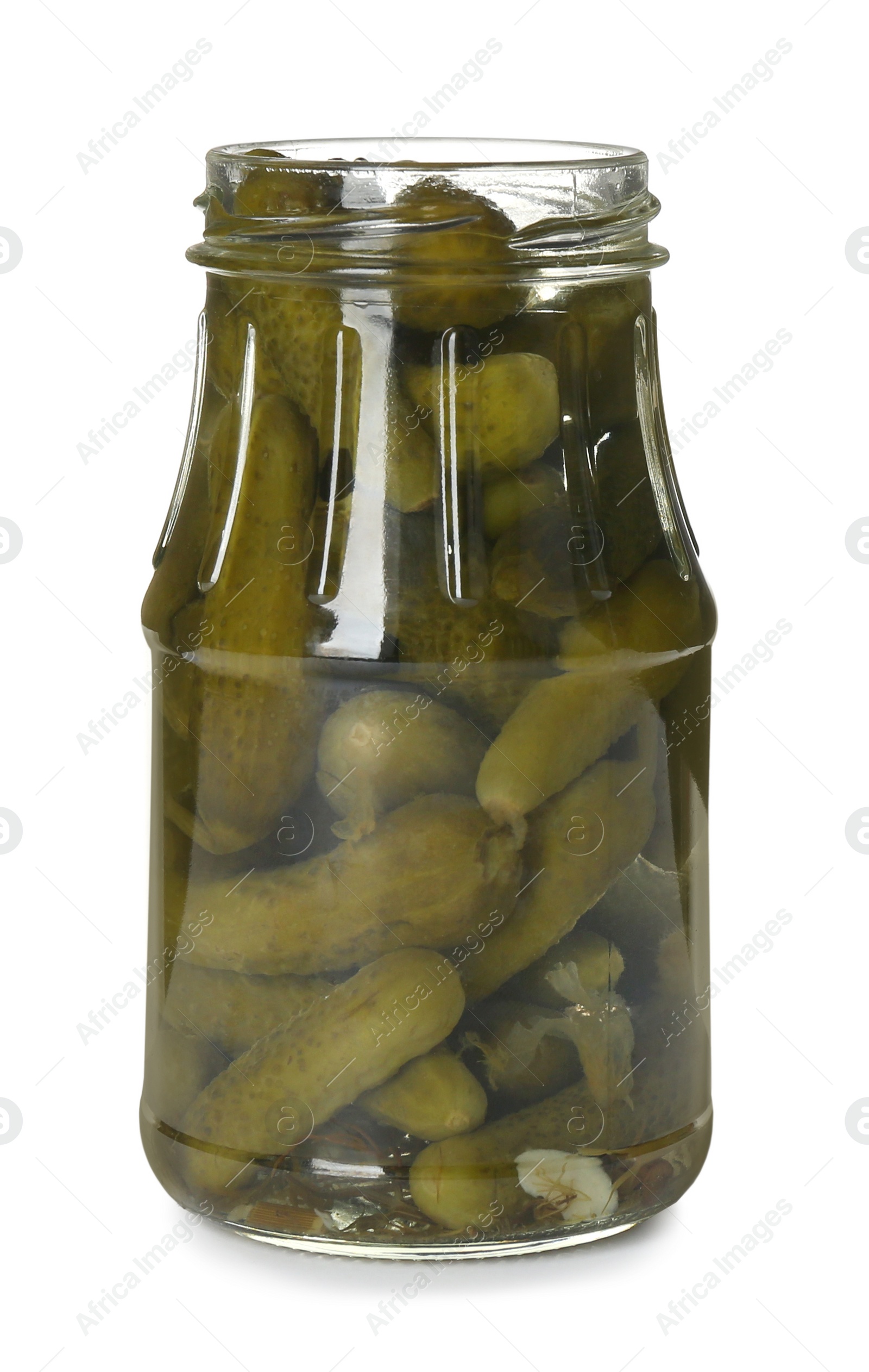 Photo of Jar of pickled cucumbers isolated on white
