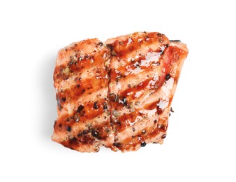 Photo of Piece of tasty grilled salmon on white background, top view