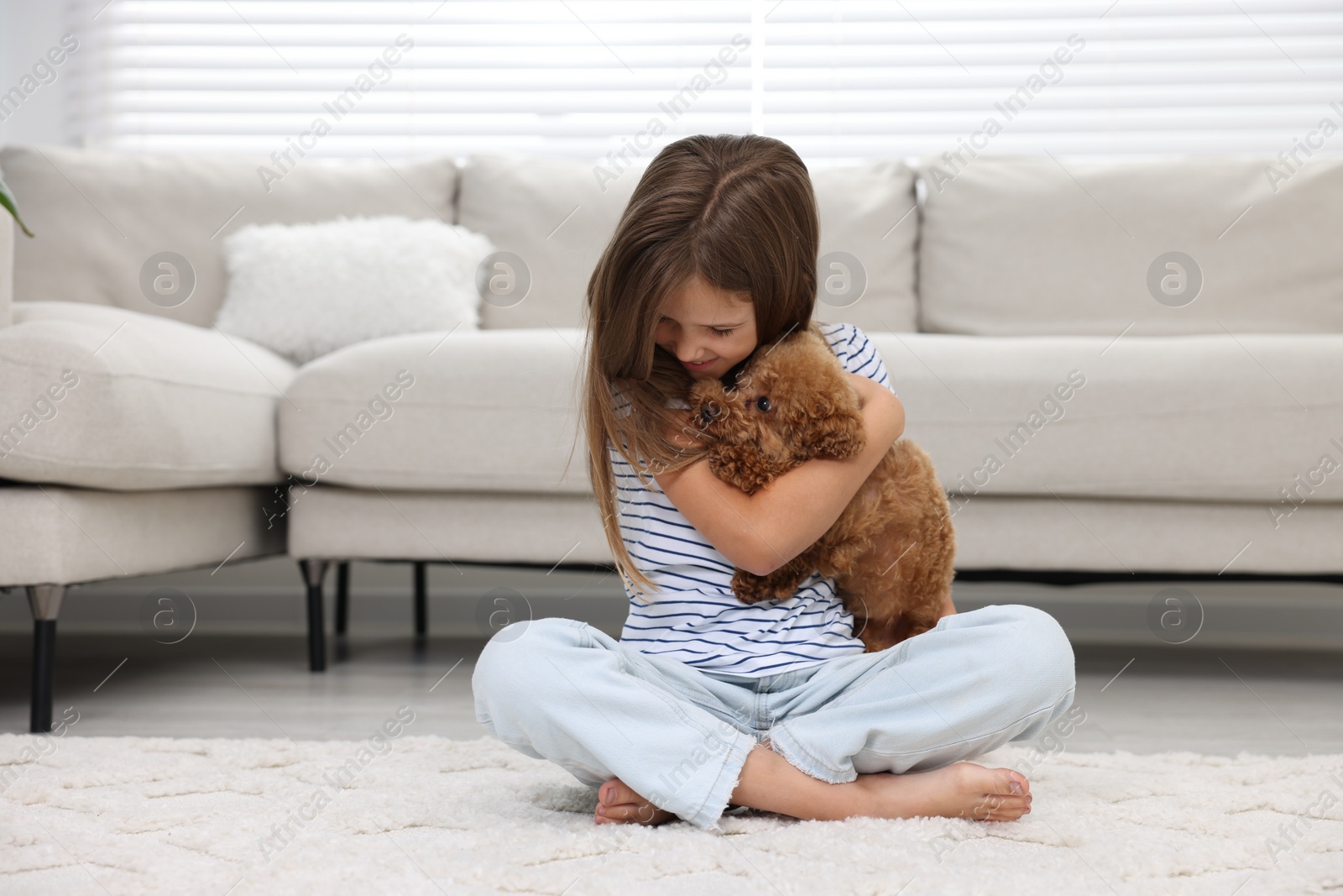 Photo of Little child with cute puppy on carpet at home. Lovely pet