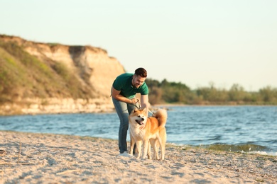 Photo of Young man walking his adorable Akita Inu dogs near river