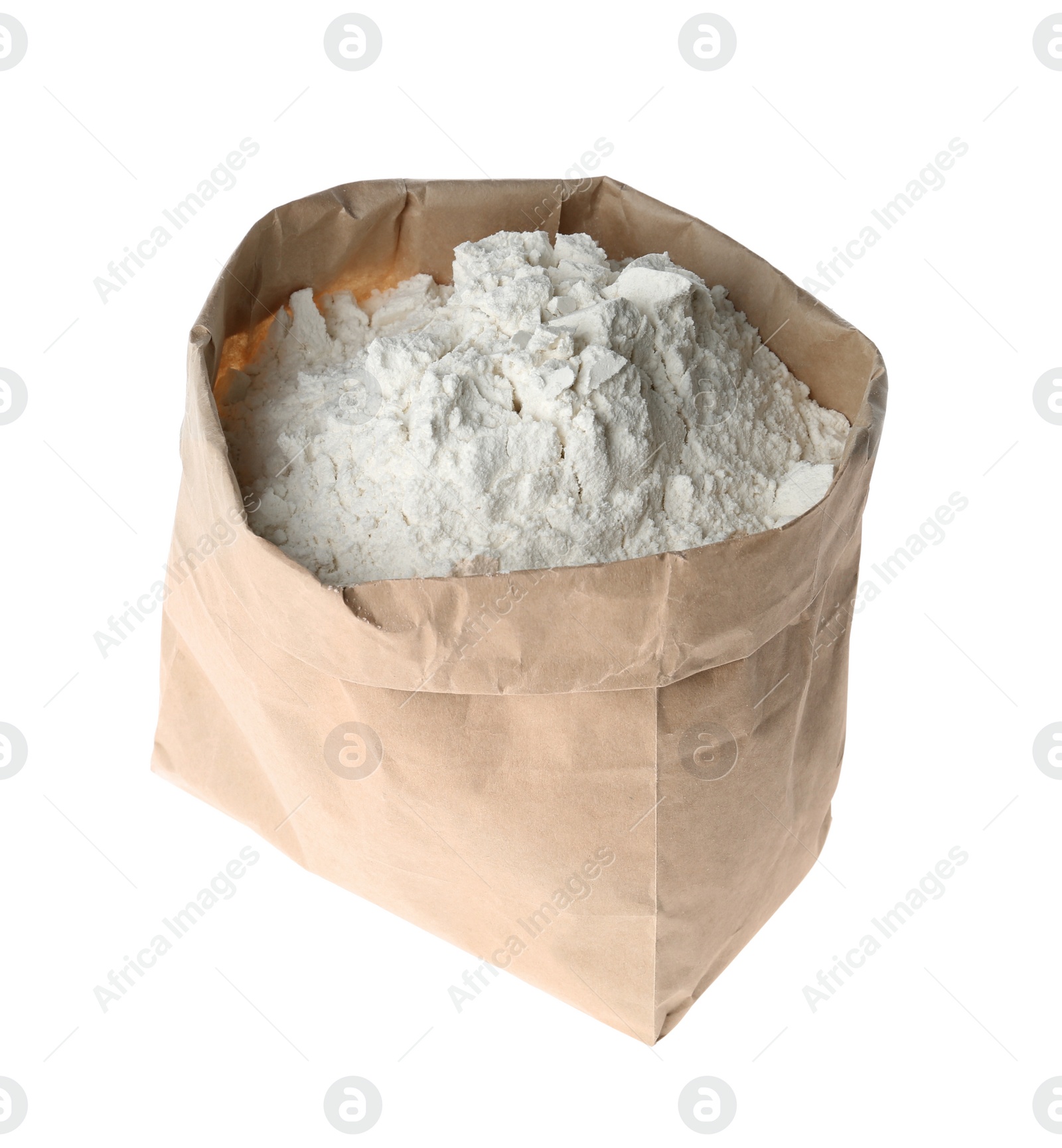 Photo of Organic flour in paper bag isolated on white