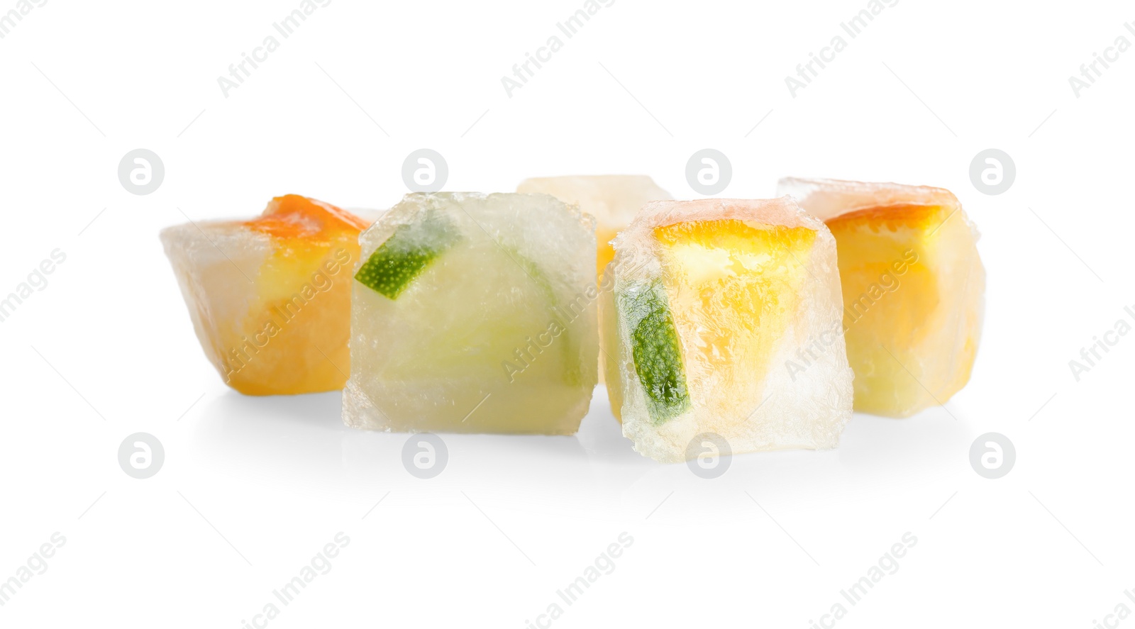 Photo of Ice cubes with citrus fruits on white background