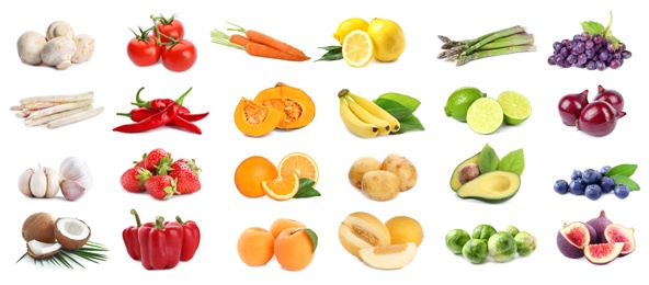 Image of Assortment of organic fresh fruits and vegetables on white background. Banner design