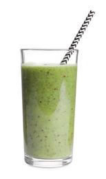Photo of Delicious kiwi smoothie in glass isolated on white