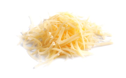 Heap of grated delicious cheese on white background