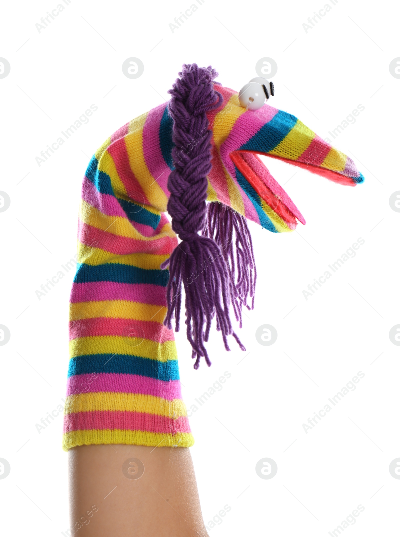 Photo of Funny sock puppet for show on hand against white background