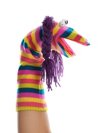 Funny sock puppet for show on hand against white background