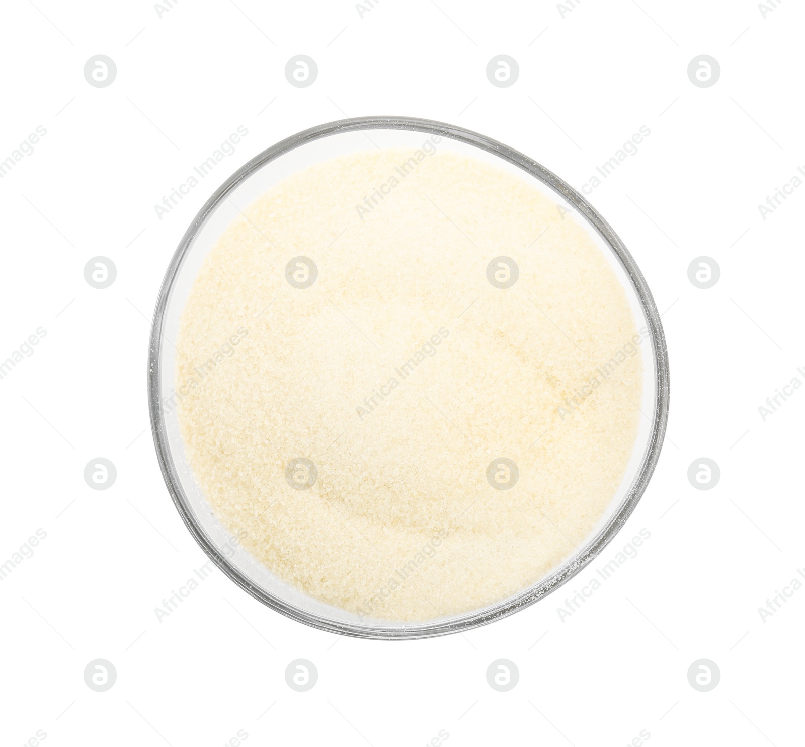 Photo of Gelatin powder in glass bowl isolated on white, top view