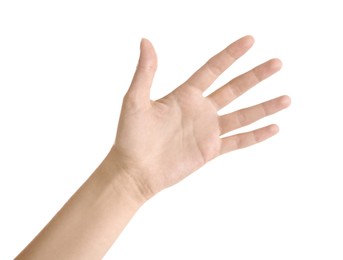 Image of Woman showing pale hand on white background, closeup. Anemia symptom