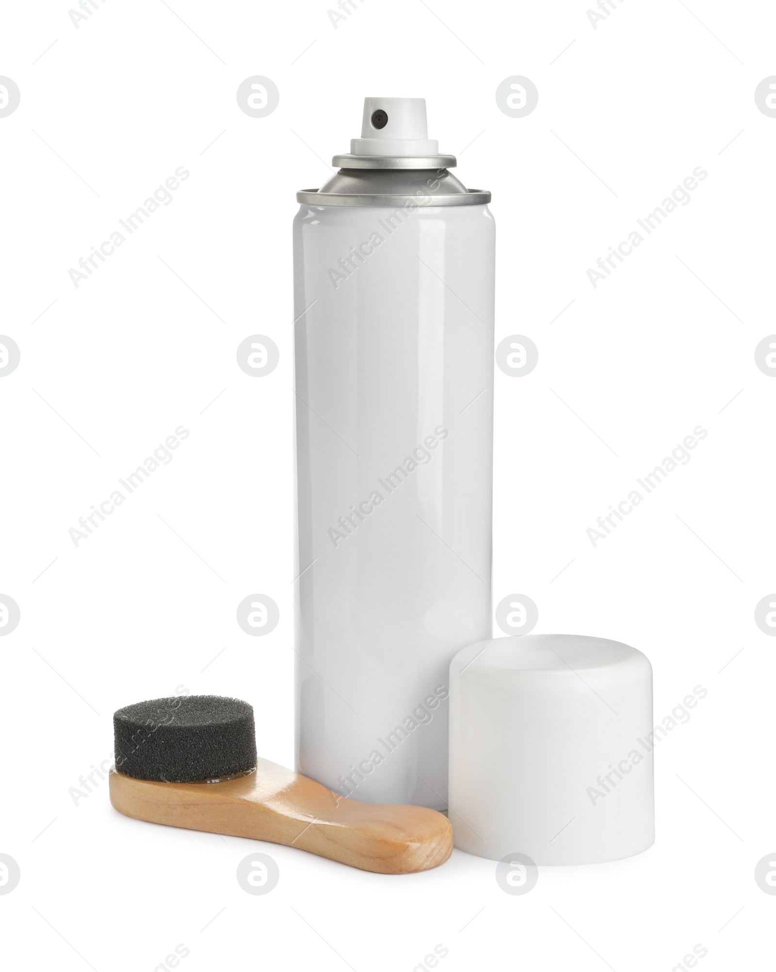 Photo of Polish sponge and shoe care product on white background