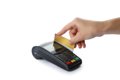 Photo of Woman using terminal for credit card payment on white background