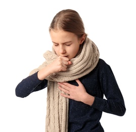 Girl coughing on white background