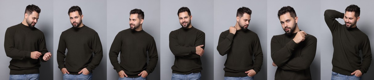 Man in warm sweater on light grey background, set of photos