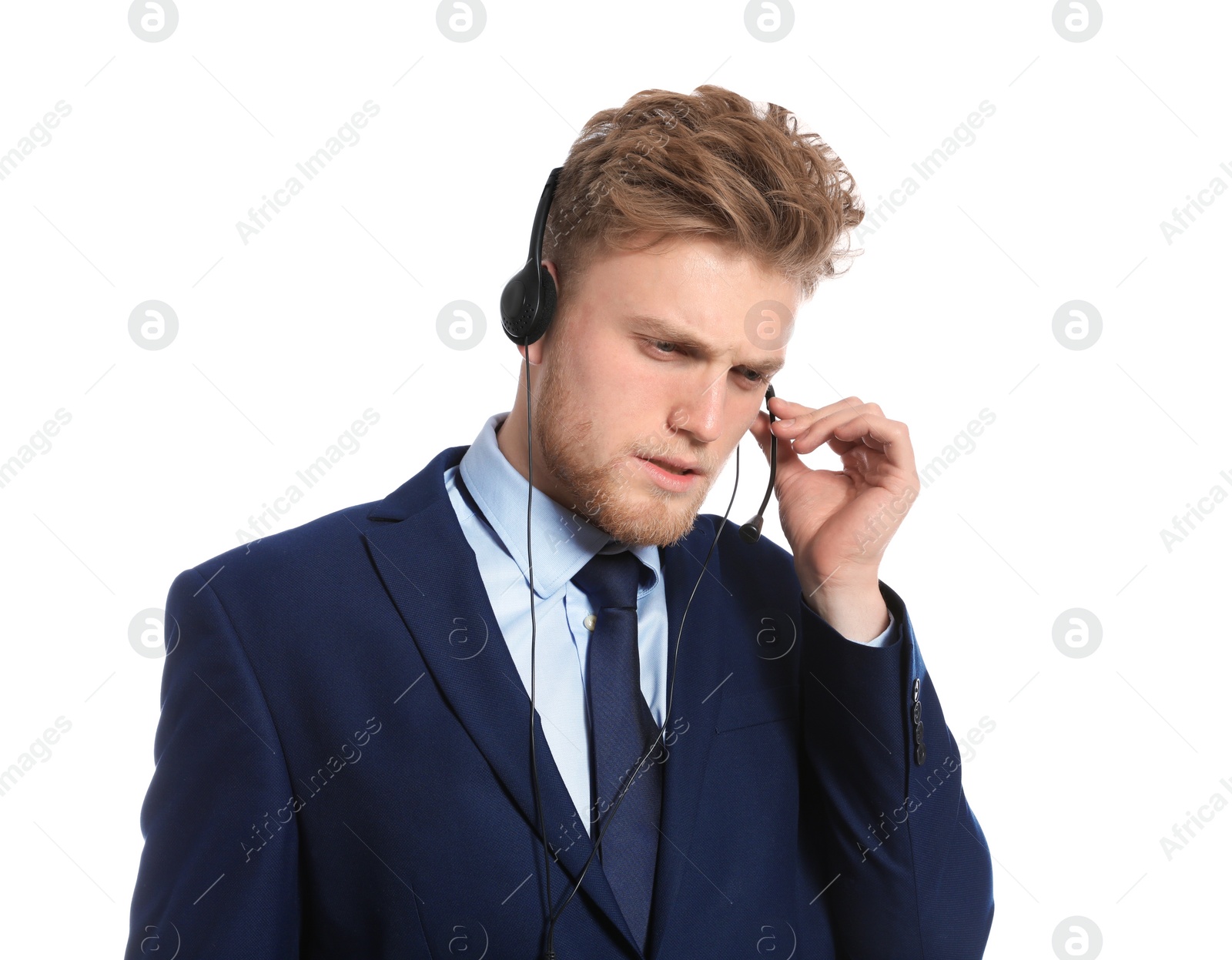 Photo of Technical support operator with headset on white background