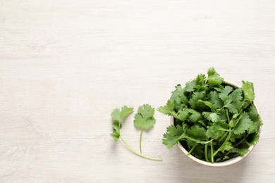 Bunch of fresh aromatic cilantro on white wooden table, flat lay. Space for text