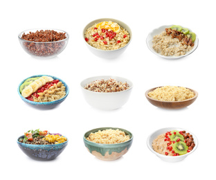 Image of Set of different healthy dishes with quinoa on white background
