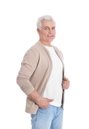 Portrait of handsome mature man on white background