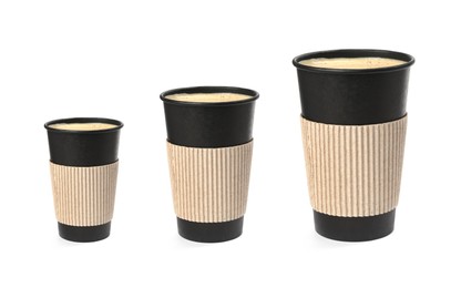 Image of Set with different takeaway coffee cups on white background