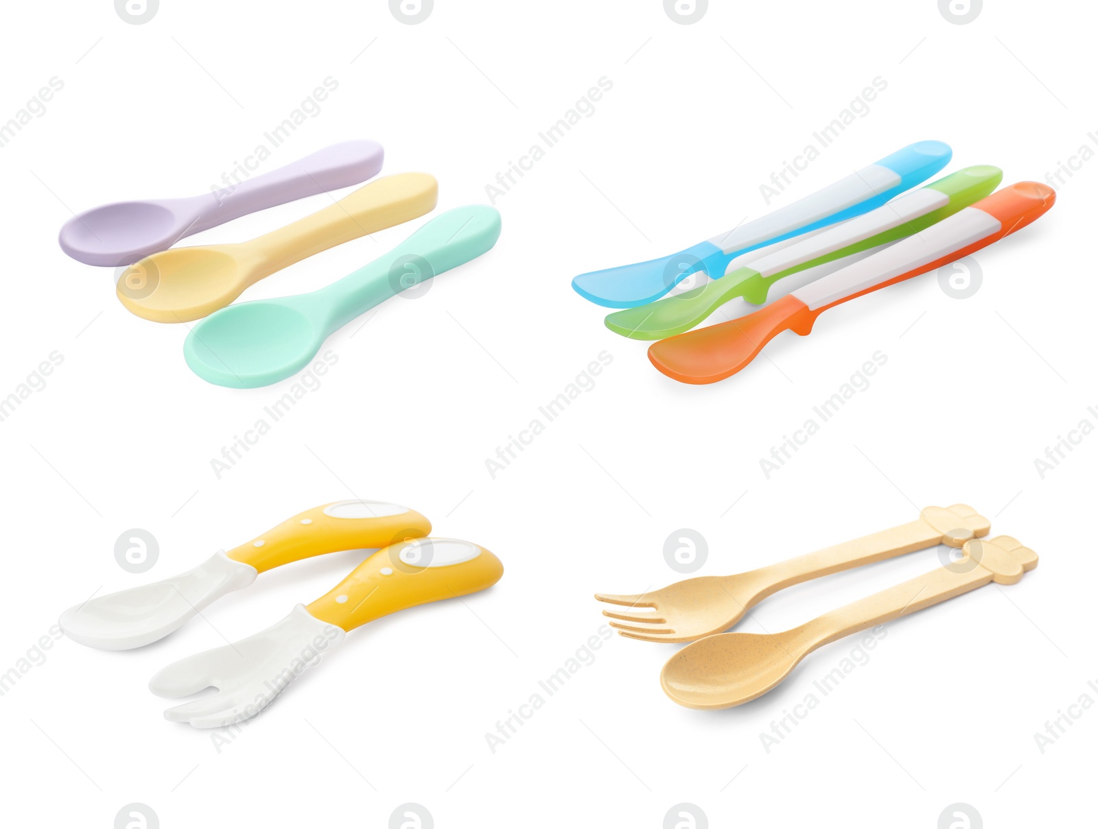 Image of Set with colorful cutlery on white background. Serving baby food