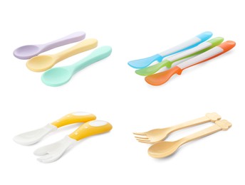 Image of Set with colorful cutlery on white background. Serving baby food