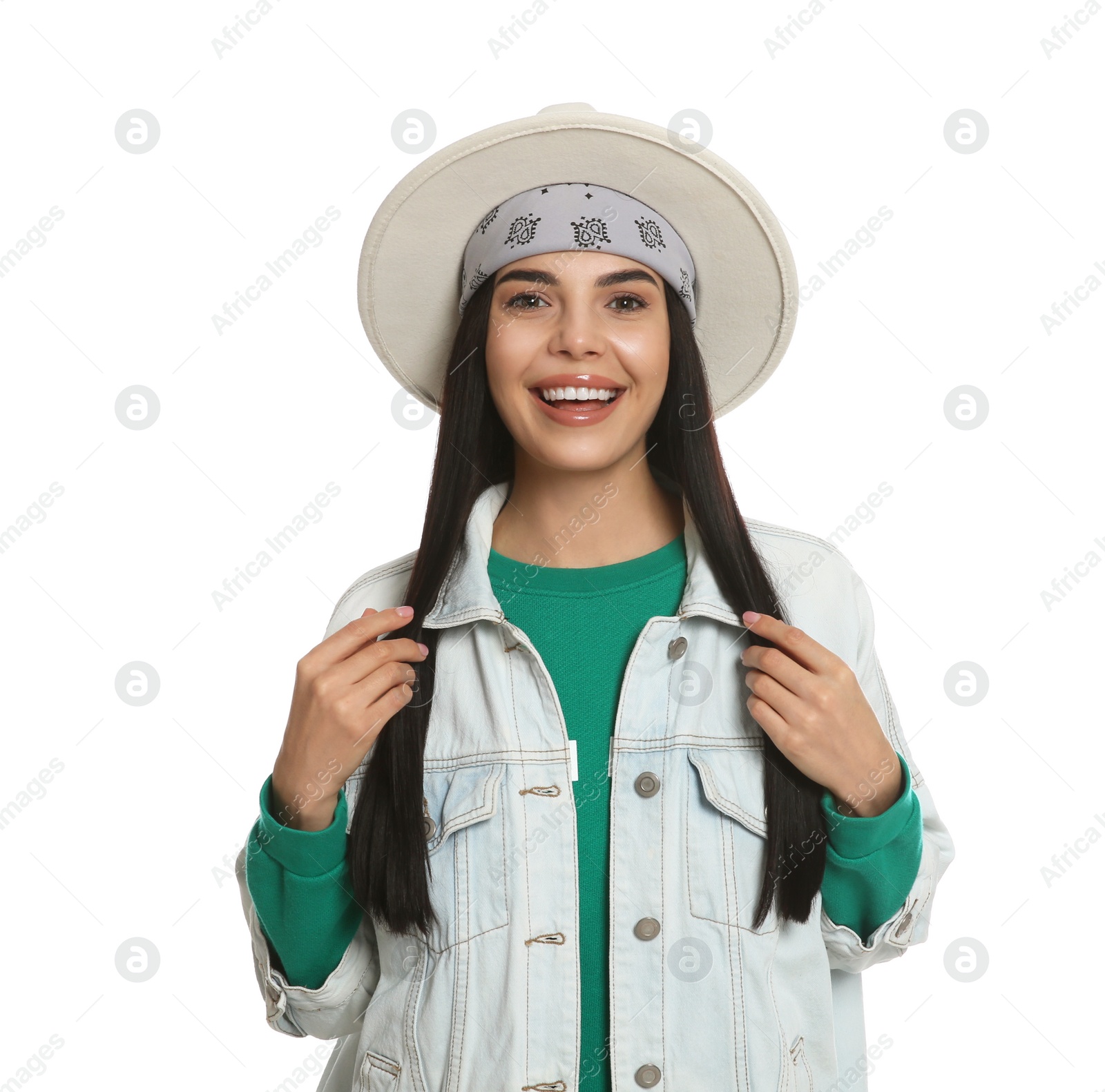 Photo of Fashionable young woman in stylish outfit with bandana on white background