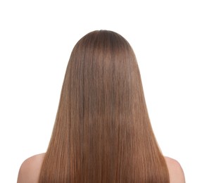 Woman with healthy hair on white background, back view