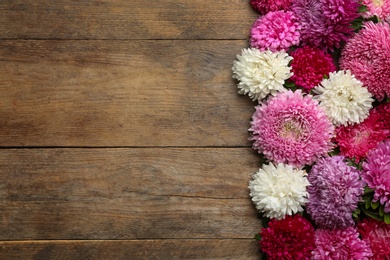 Photo of Beautiful asters and space for text on wooden background, flat lay. Autumn flowers