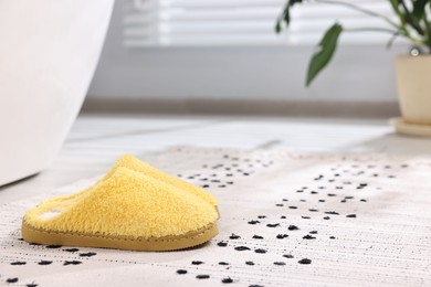 Photo of Yellow soft slippers on carpet at home. Space for text