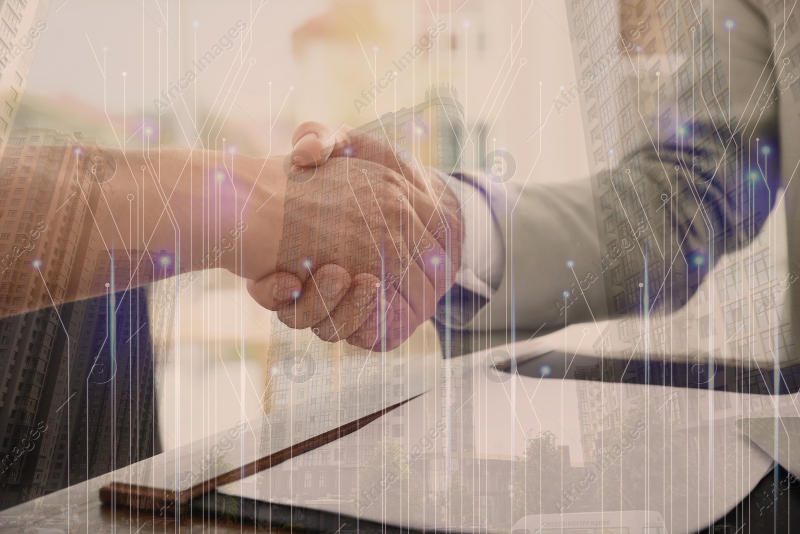 Image of Multiple exposure of partners shaking hands, circuit board pattern and buildings, closeup. Business corporation