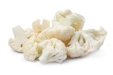 Pile of cut fresh raw cauliflowers on white background