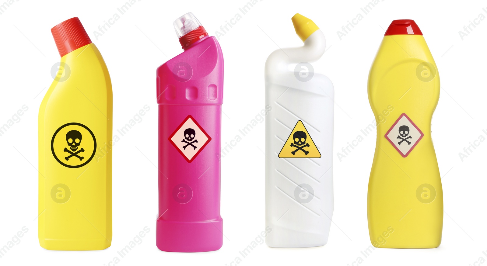 Image of Set with different toxic household chemicals with warning signs on white background